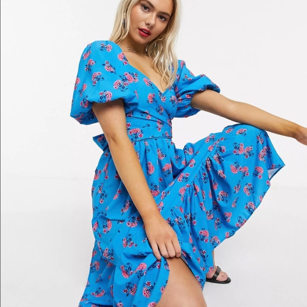 John Zack London Exclusive Floral Puff Sleeve Wrap Midi Dress with Ruffle Hem